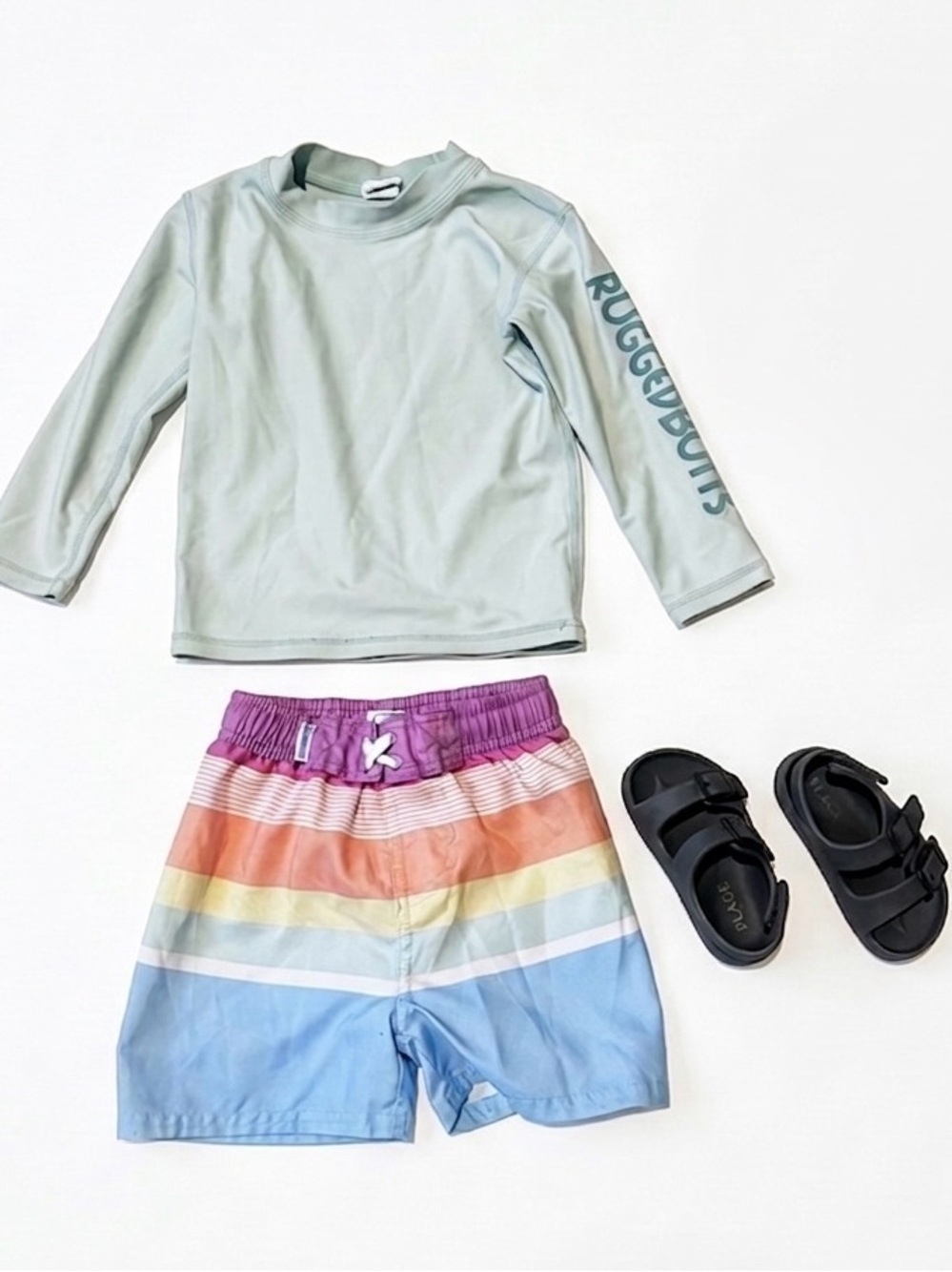 Kids Mint Long-Sleeve Rashguard with Rainbow Stripe Swim Shorts